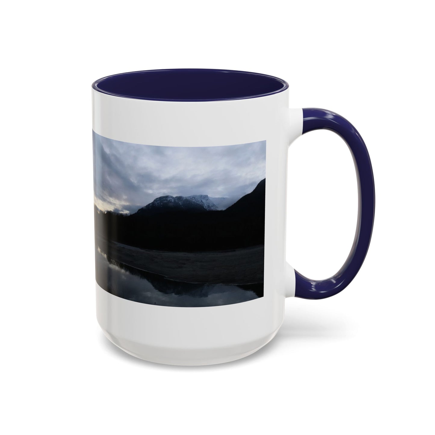 Scenic Mountain Lake Accent Coffee Mug — Moody Sunset Reflection (11oz & 15oz)