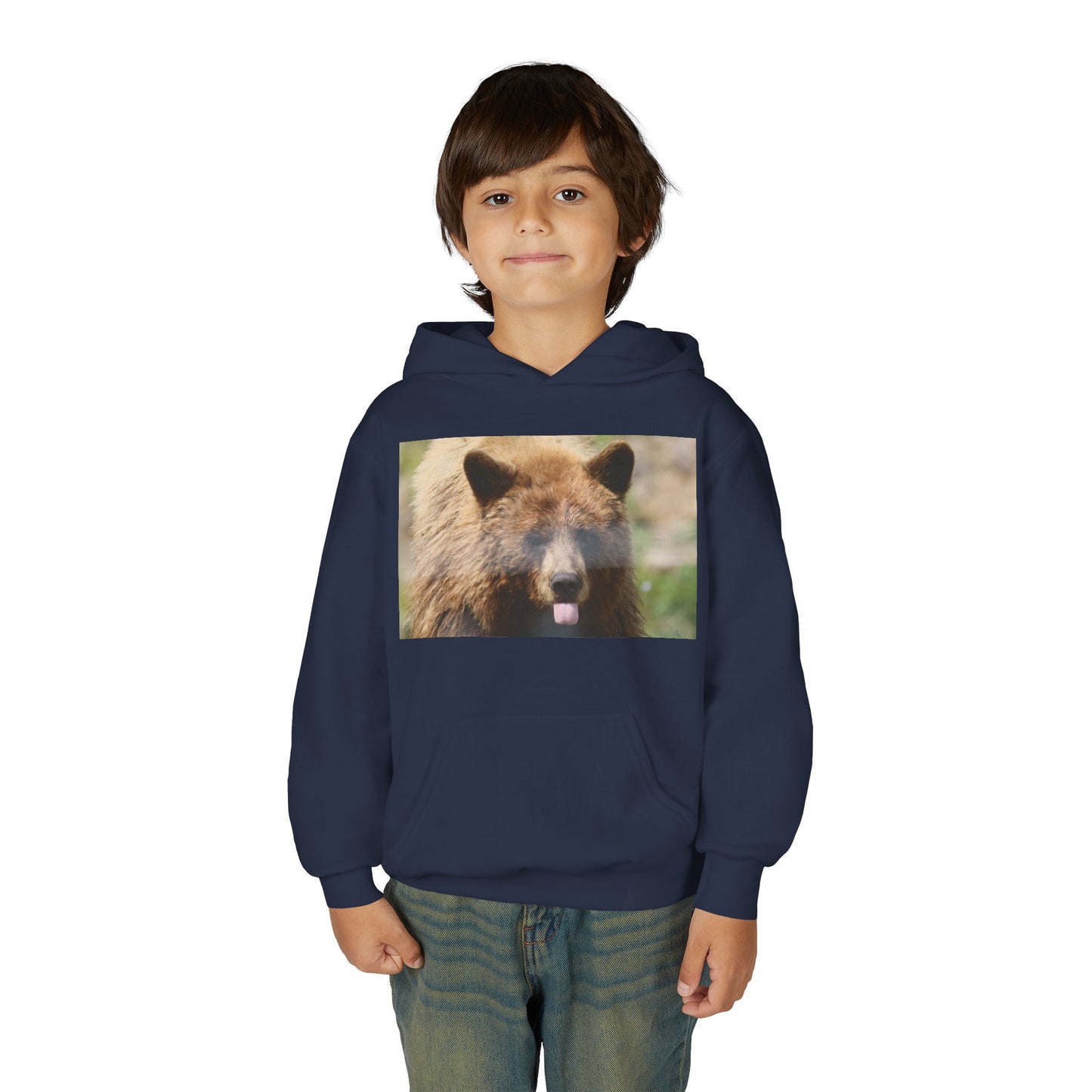 Youth Bear Hoodie — Cute Tongue-Out Bear Photo Kids Pullover