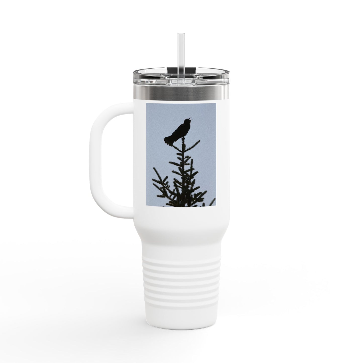 40oz Insulated Travel Mug — Raven Silhouette on Pine (Outdoor Nature Tumbler)