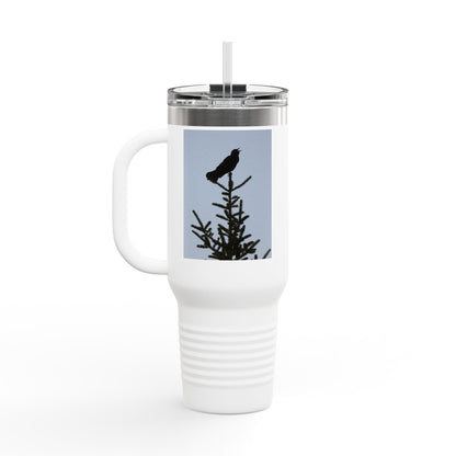 40oz Insulated Travel Mug — Raven Silhouette on Pine (Outdoor Nature Tumbler)