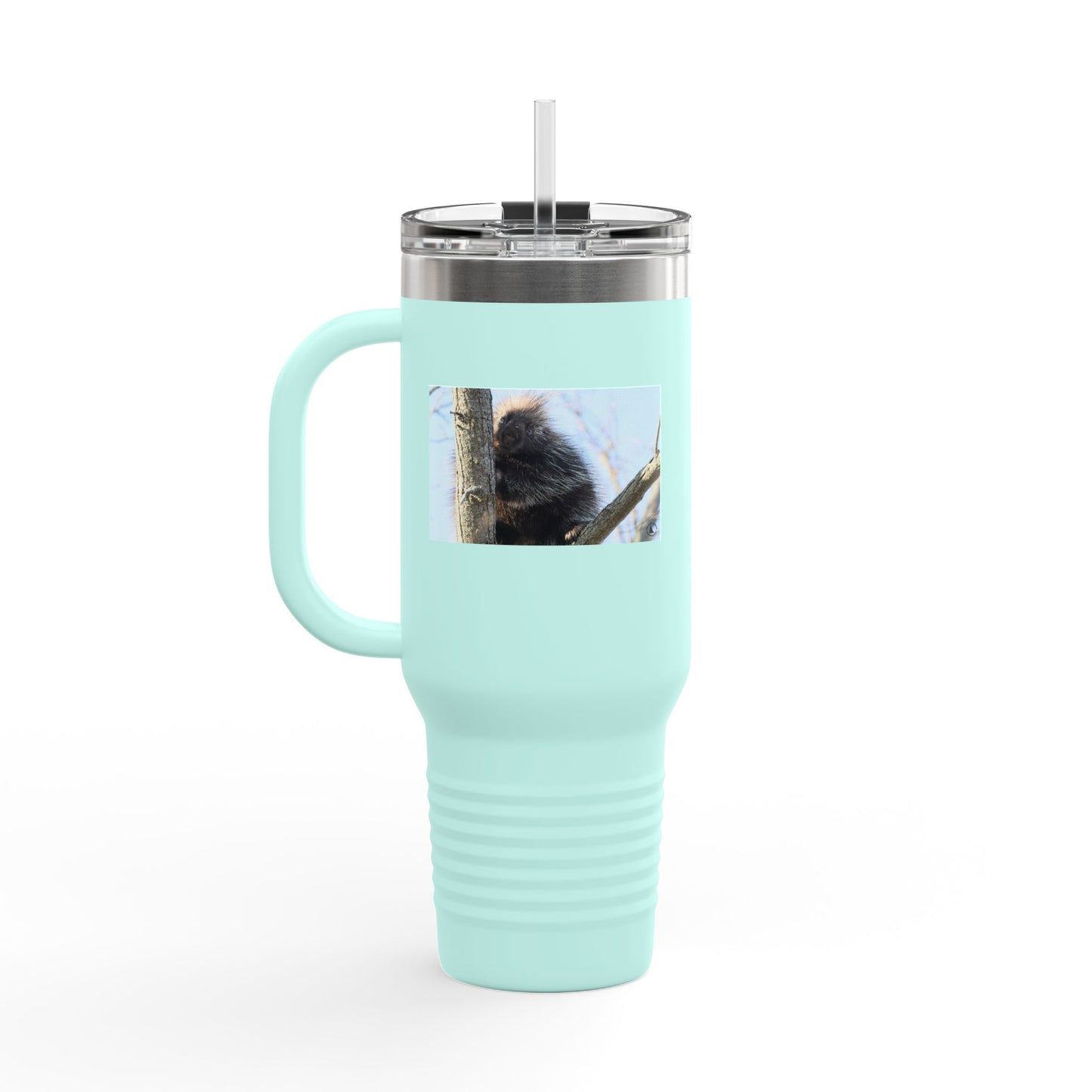 40oz Insulated Travel Mug with Cozy Raccoon Photo — Large Stainless Steel Tumbler for Road Trips & Outdoor Lovers