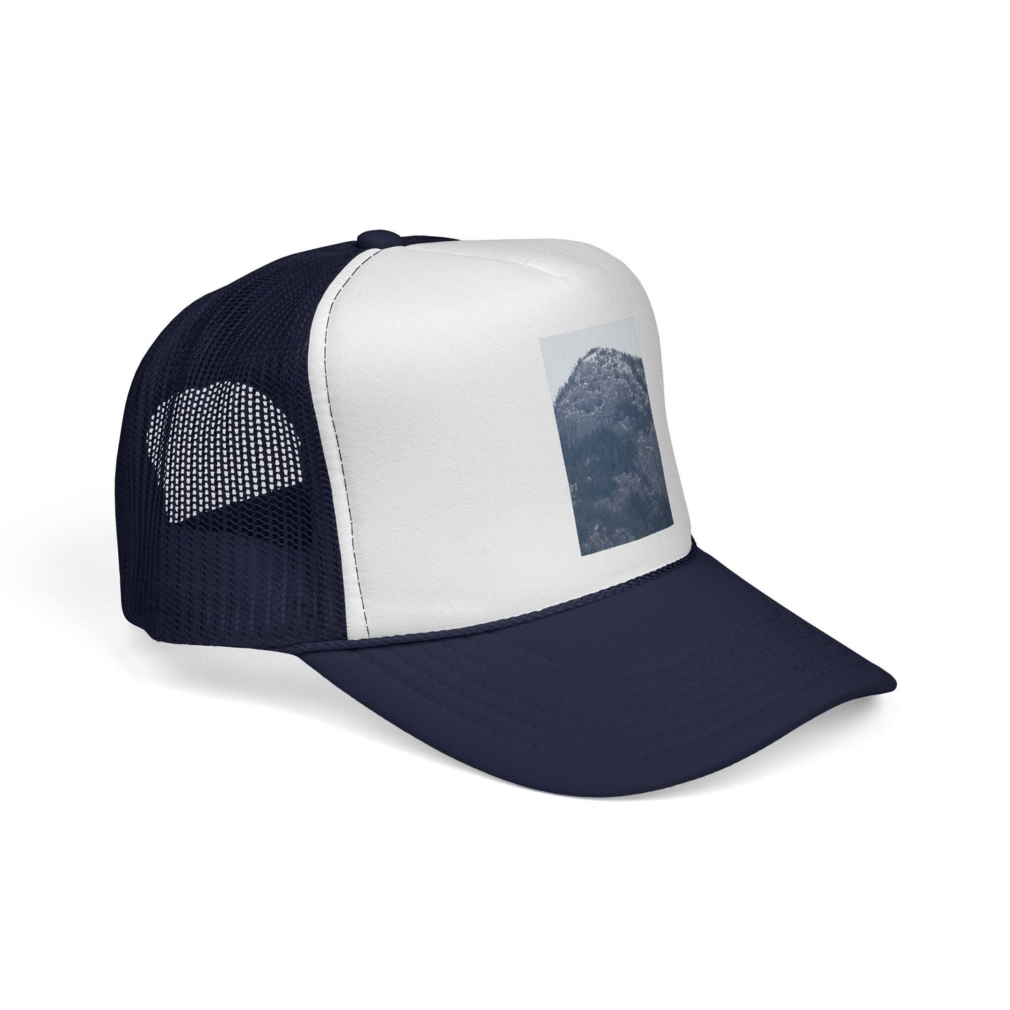 Mountain Peak Trucker Cap — Vintage Blue Photo Patch Mesh Hat
