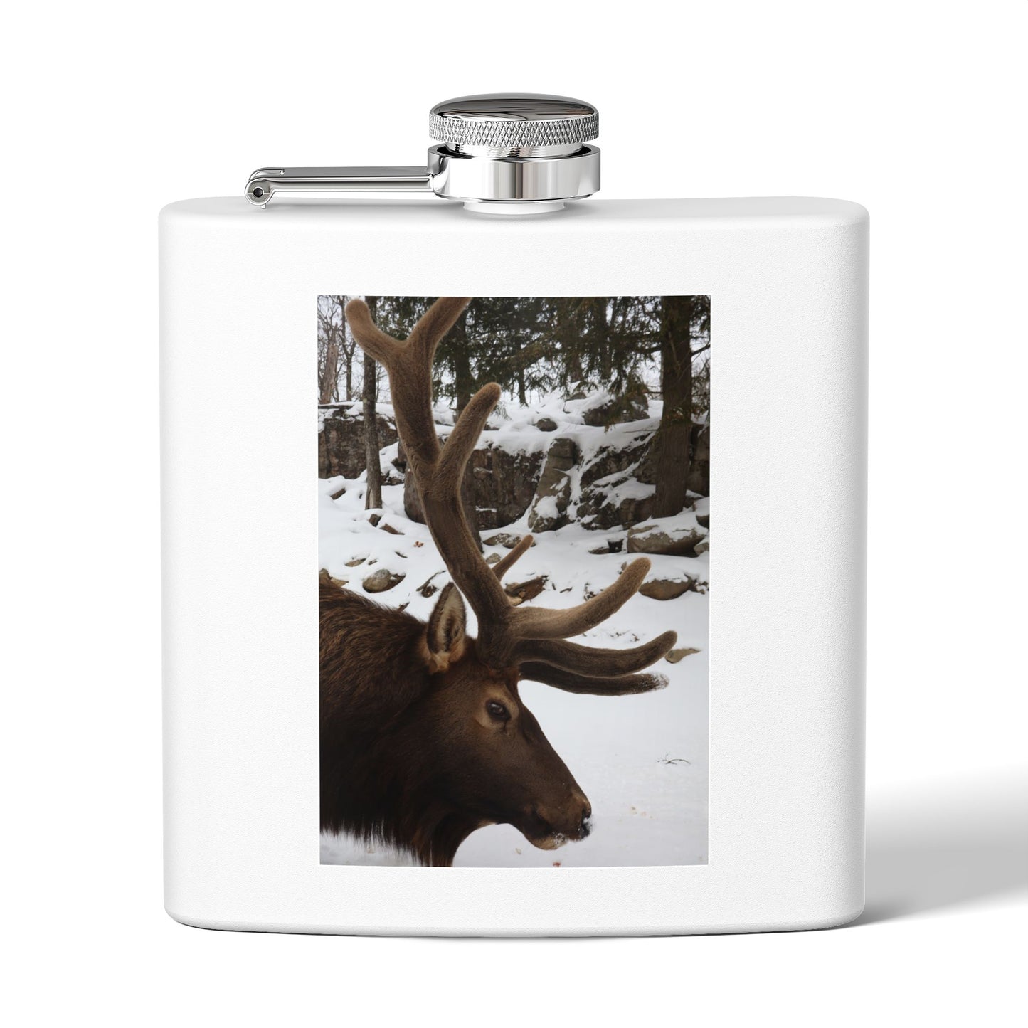 6oz Stainless Steel Flask – Winter Elk Photo Hip Flask, Outdoor Hunting Gift