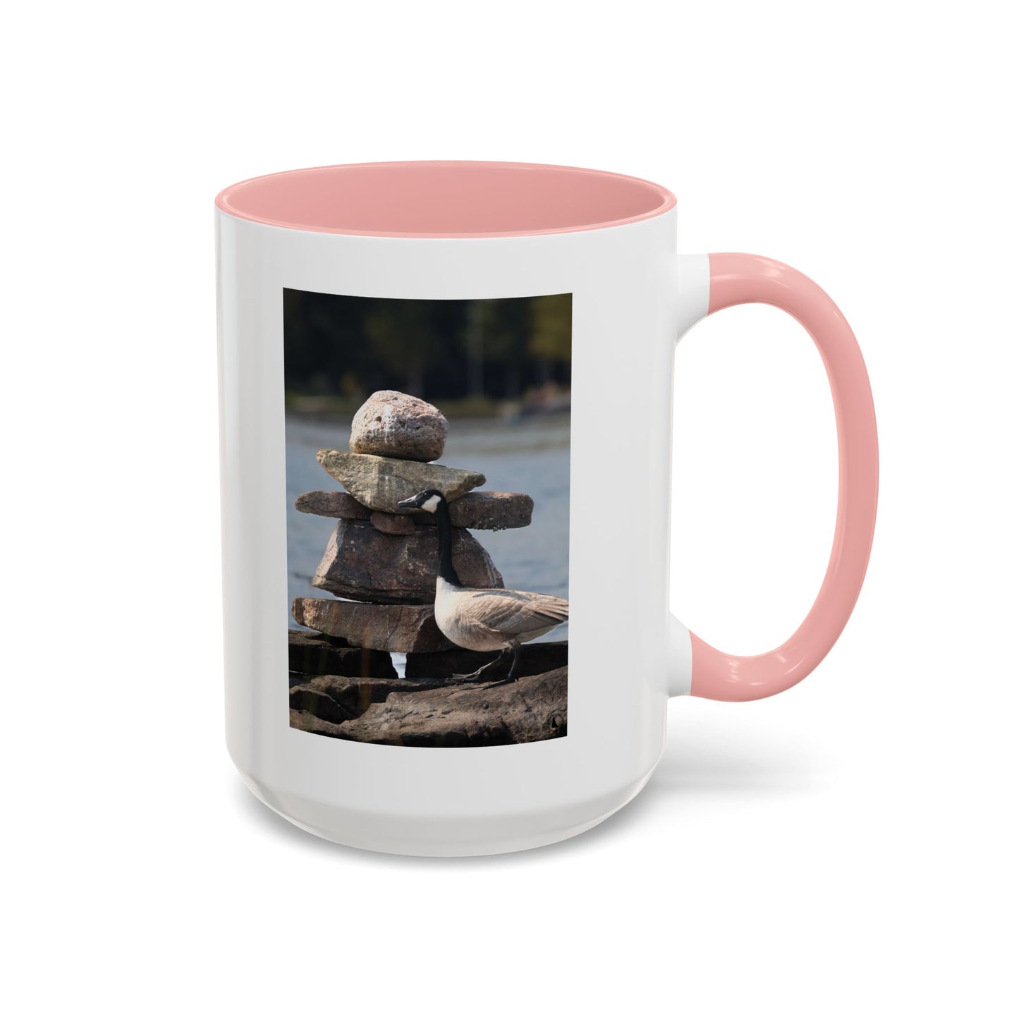 Seaside Rock Cairn Accent Coffee Mug — Coastal Bird & Stacked Stones Photo (11/15oz)