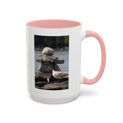 Seaside Rock Cairn Accent Coffee Mug — Coastal Bird & Stacked Stones Photo (11/15oz)