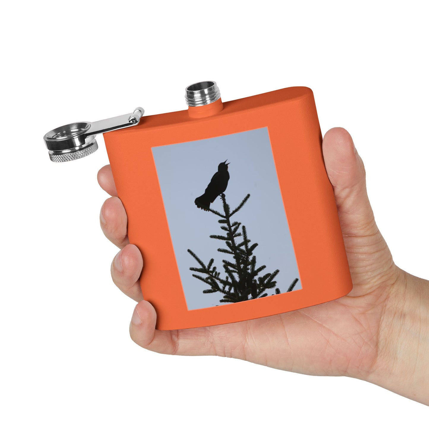6oz Stainless Steel Flask — Silhouette Bird on Spruce Design