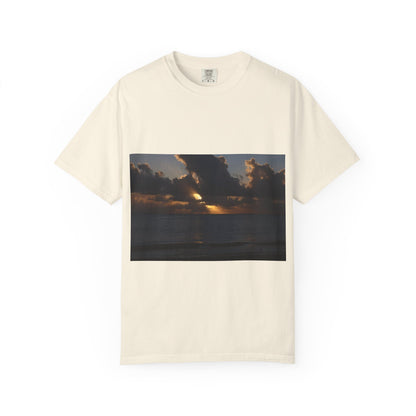 Dawn's Luminous Horizon: Seascape Sunrise, Coastal Cloudscape Panoramaphotography shirts