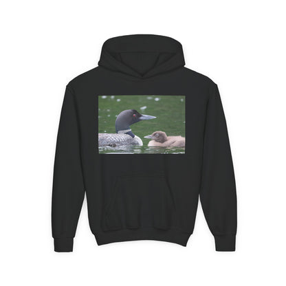 Youth Hoodie — Common Loon with Chick Nature Photo