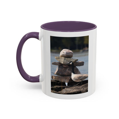 Seaside Rock Cairn Accent Coffee Mug — Coastal Bird & Stacked Stones Photo (11/15oz)