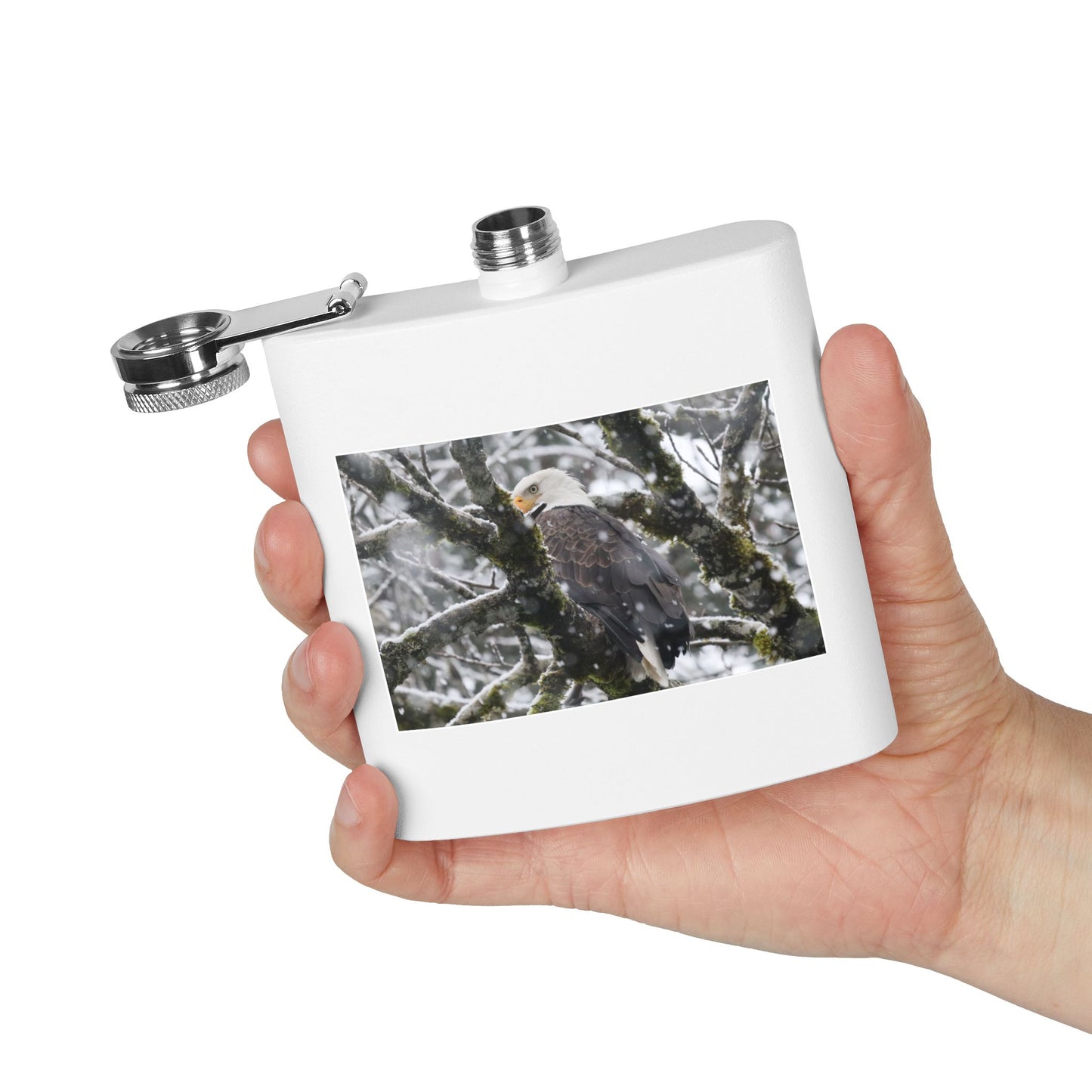 Eagle In Snow 6oz Stainless Steel Hip Flask — Bald Eagle Wildlife Photo Flask, Outdoor Gift for Hunters & Nature Lovers