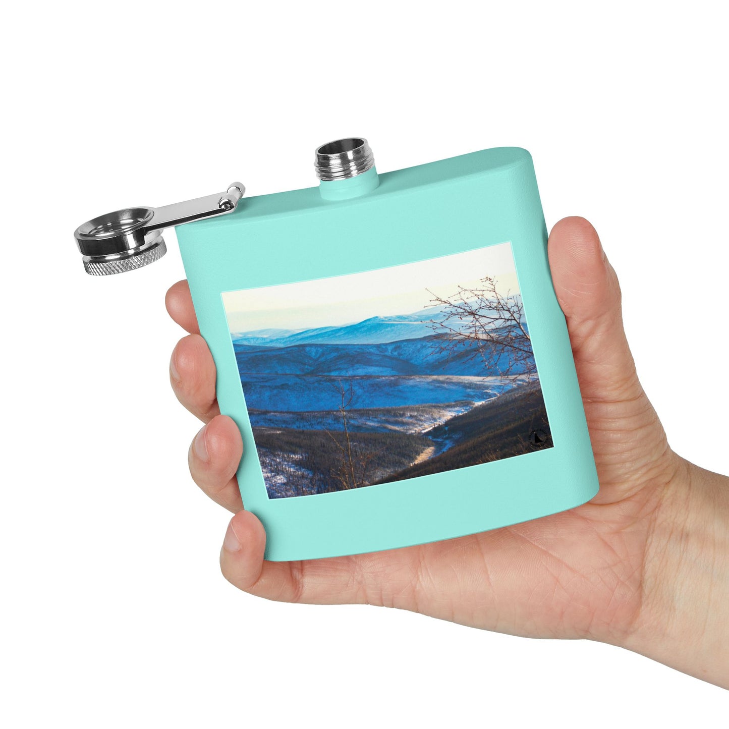 Mountain Vista 6oz Stainless Steel Flask — Scenic Blue Ridge Landscape