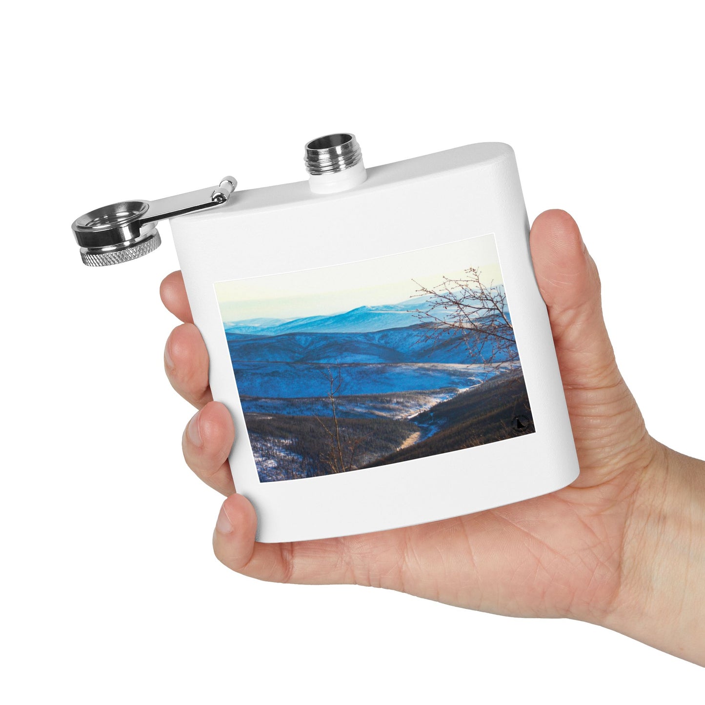 Mountain Vista 6oz Stainless Steel Flask — Scenic Blue Ridge Landscape