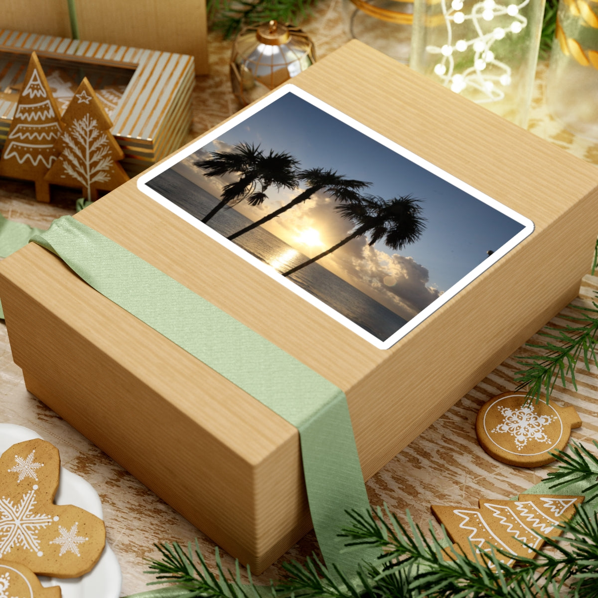 Palm Tree Sunset Sticker — Tropical Beach Kiss-Cut Decal