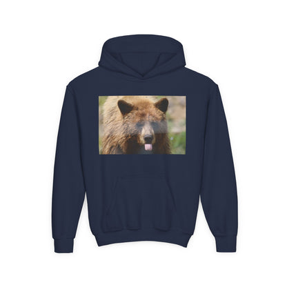 Youth Bear Hoodie — Cute Tongue-Out Bear Photo Kids Pullover