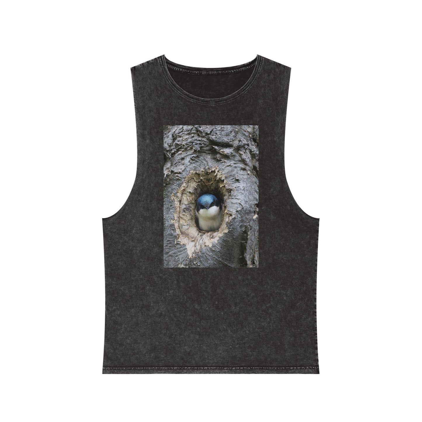 Bird Nest Photo Tank Top — Stonewash Sleeveless Tee with Chick in Hollow Tree