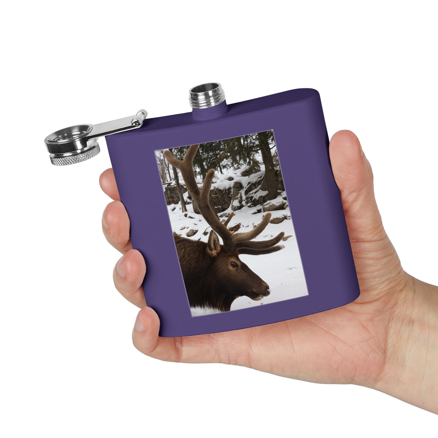 6oz Stainless Steel Flask – Winter Elk Photo Hip Flask, Outdoor Hunting Gift