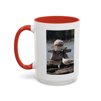 Seaside Rock Cairn Accent Coffee Mug — Coastal Bird & Stacked Stones Photo (11/15oz)