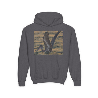 Youth Pelican Sunset Hoodie — Kids Beach Wildlife Pullover