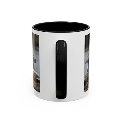 Seaside Rock Cairn Accent Coffee Mug — Coastal Bird & Stacked Stones Photo (11/15oz)
