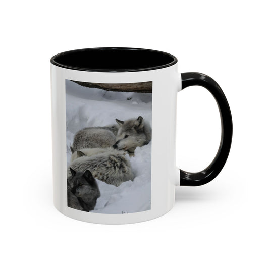 Wolf Pack Coffee Mug – Accent Black Handle 11/15oz, Winter Wildlife Photo