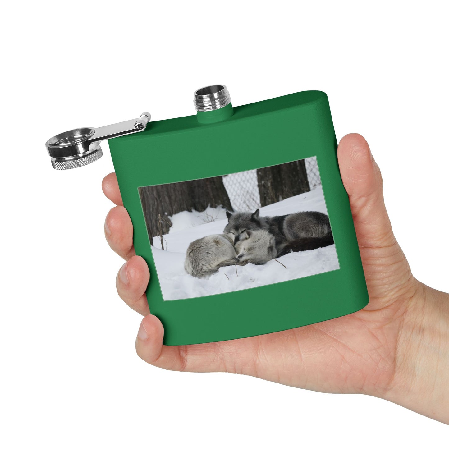 Wolf Pair Photo Stainless Steel Flask — 6oz Winter Wildlife Hip Flask