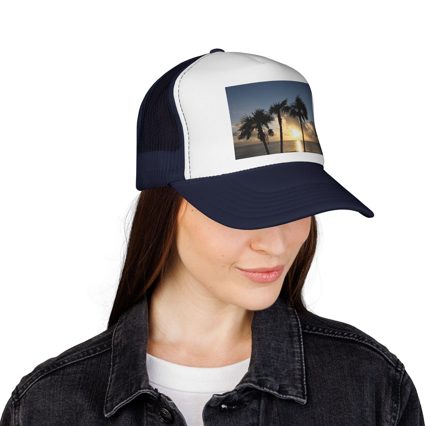 Sunset Palm Trucker Cap — Tropical Beach Sunset Mesh Hat