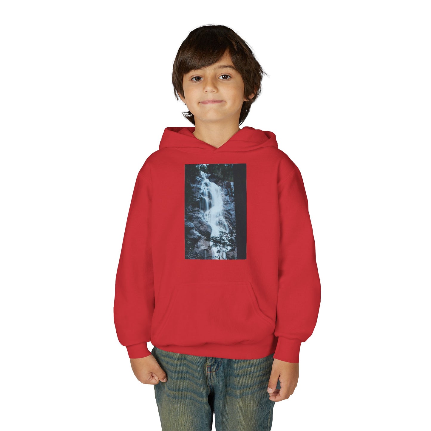 Youth Waterfall Hoodie — Scenic Nature Graphic Sweatshirt