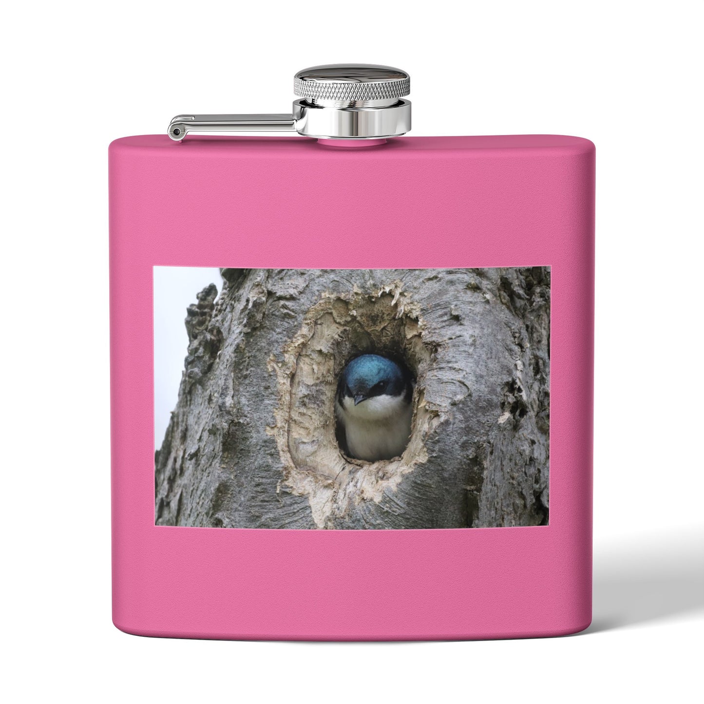 6oz Stainless Steel Flask with Tree Swallow Nest Photo — Nature Lover Gift