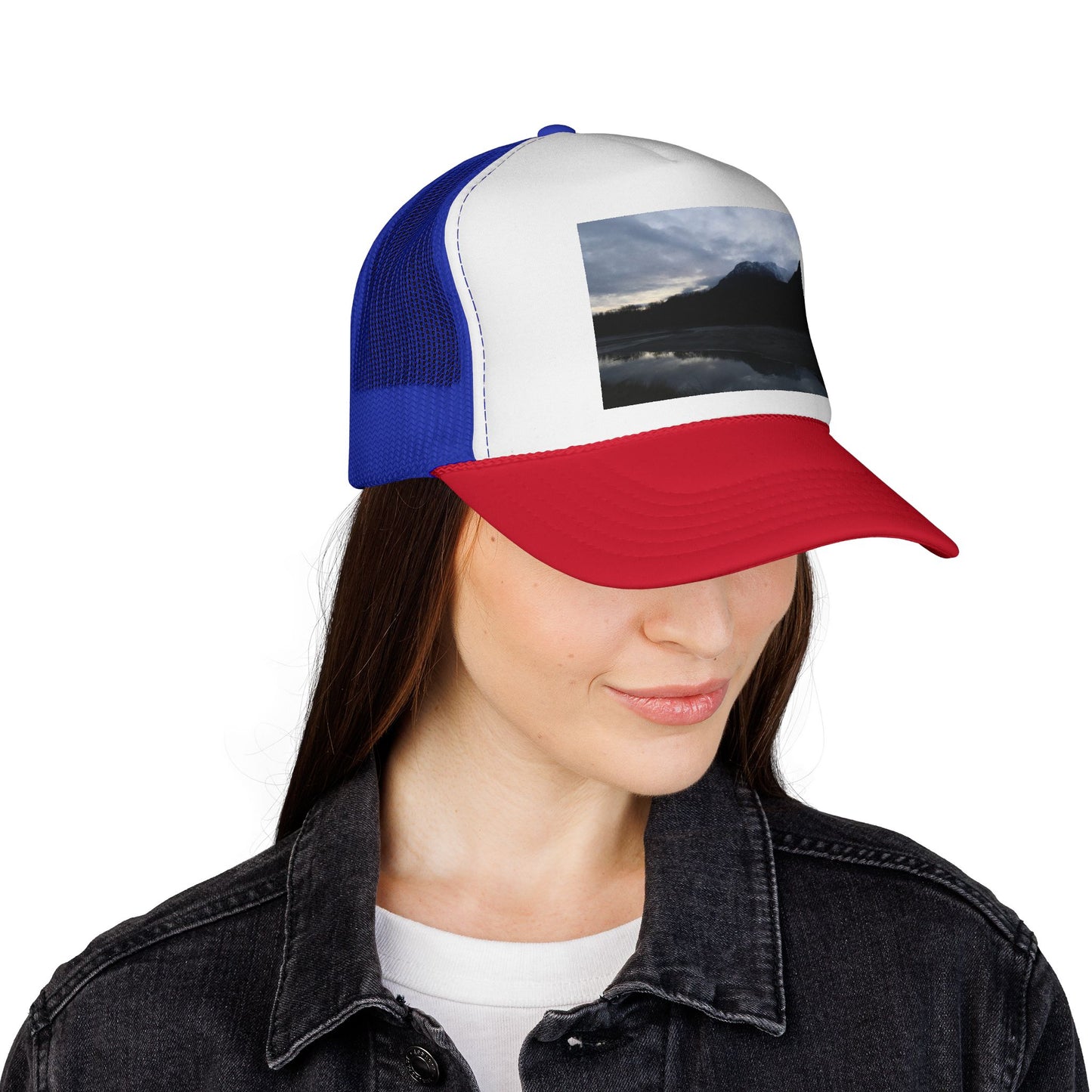 Mountain Lake Trucker Cap — Scenic Nature Photo Mesh Hat