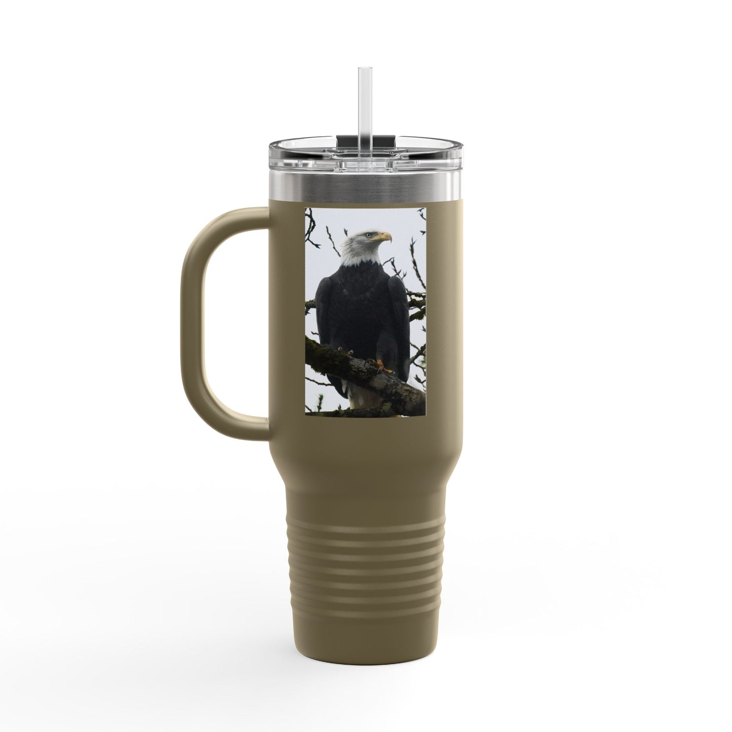 40oz Insulated Travel Mug with Bald Eagle Photo — Outdoor, Patriotic Wildlife Tumbler