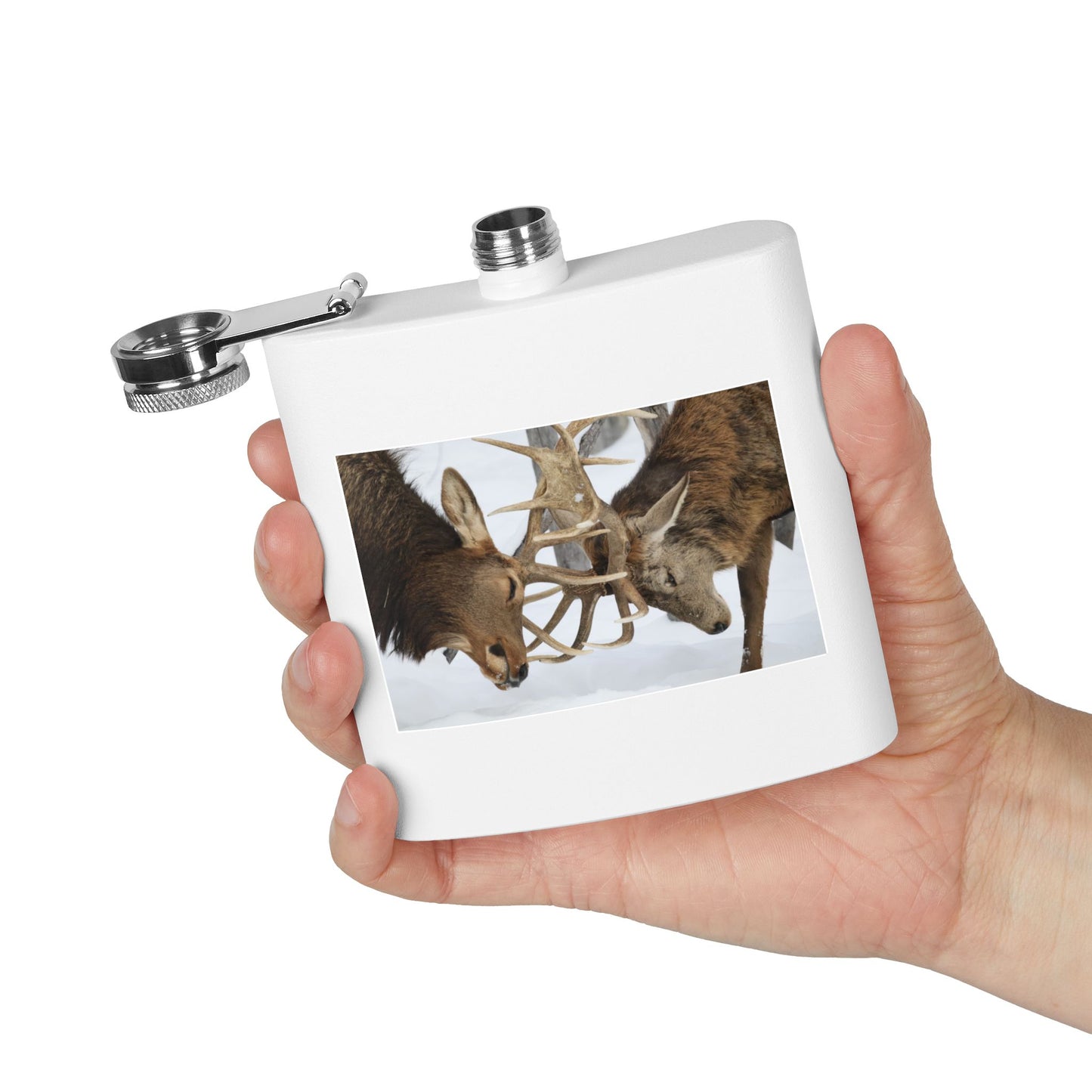 6oz Stainless Steel Flask — Wildlife Photo: Two Bucks Locking Antlers (Hunting Gift)