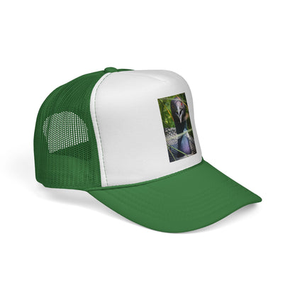 Peacock Portrait Trucker Cap — Colorful Bird Photo Mesh Hat