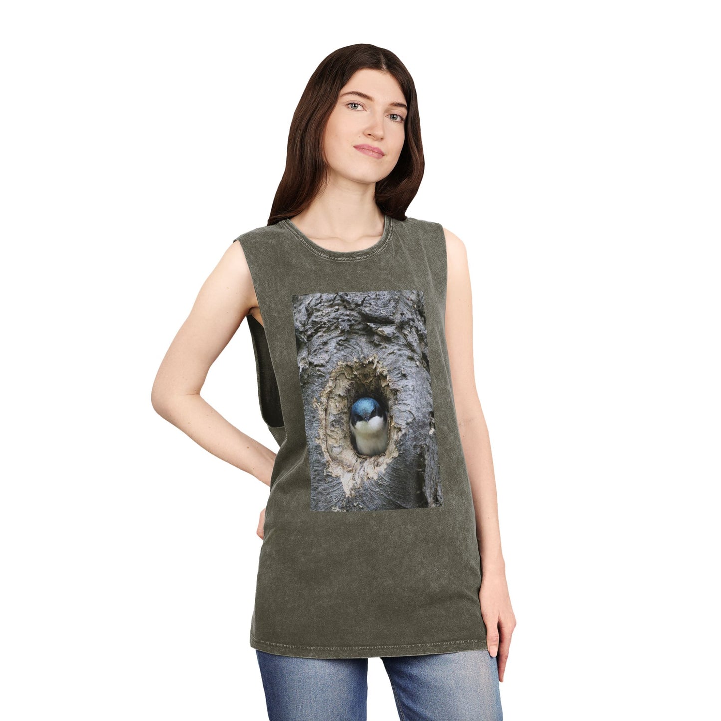 Bird Nest Photo Tank Top — Stonewash Sleeveless Tee with Chick in Hollow Tree