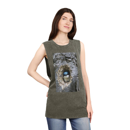 Bird Nest Photo Tank Top — Stonewash Sleeveless Tee with Chick in Hollow Tree