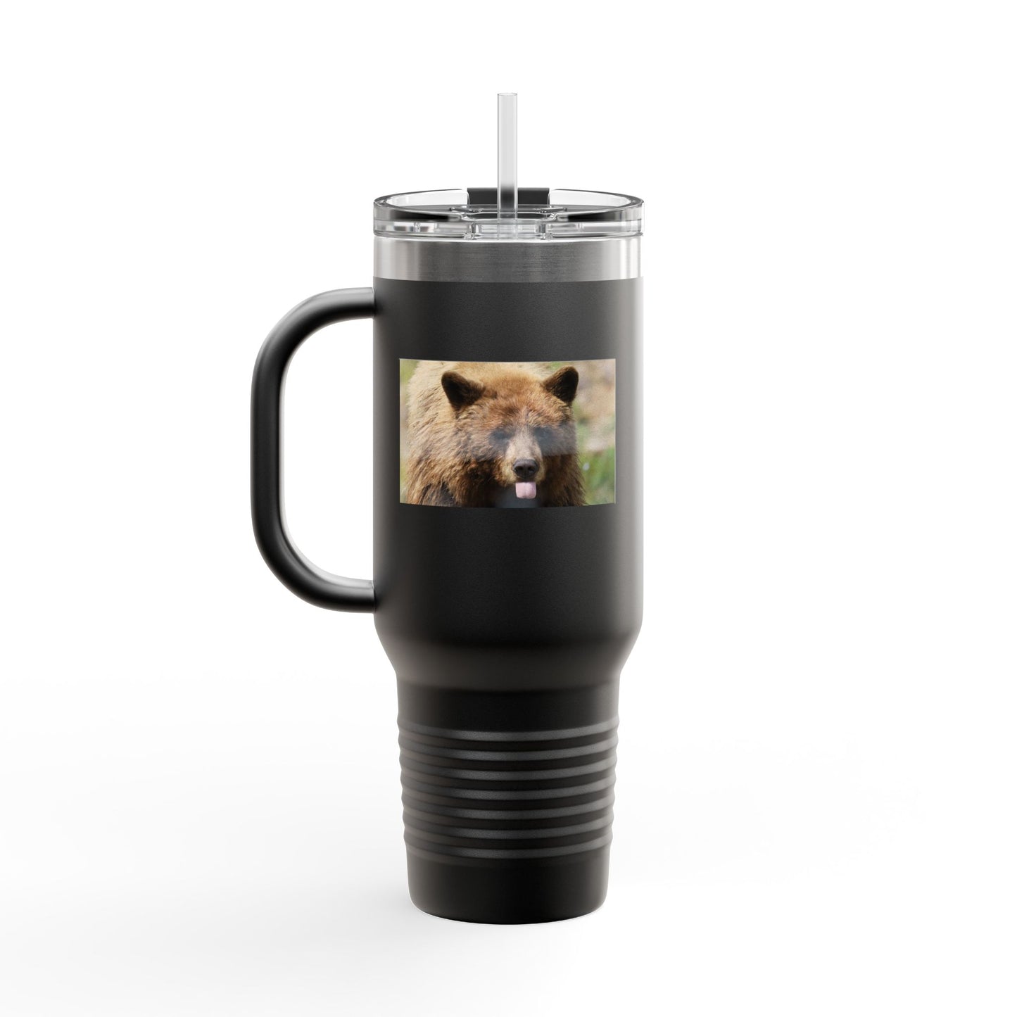 40oz Insulated Travel Mug — Photoreal Bear Photo, Stainless Steel Tumbler with Straw & Handle