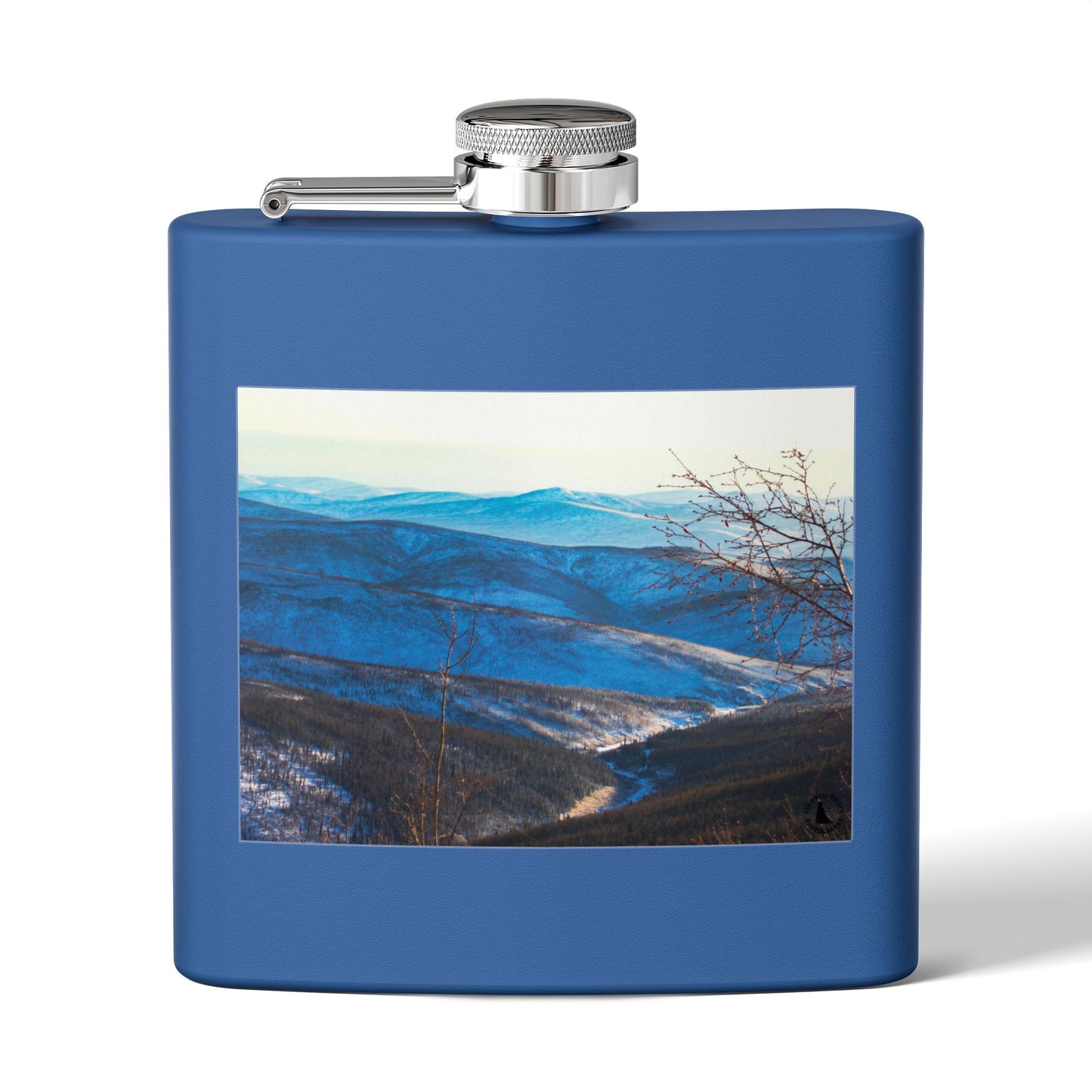 Mountain Vista 6oz Stainless Steel Flask — Scenic Blue Ridge Landscape