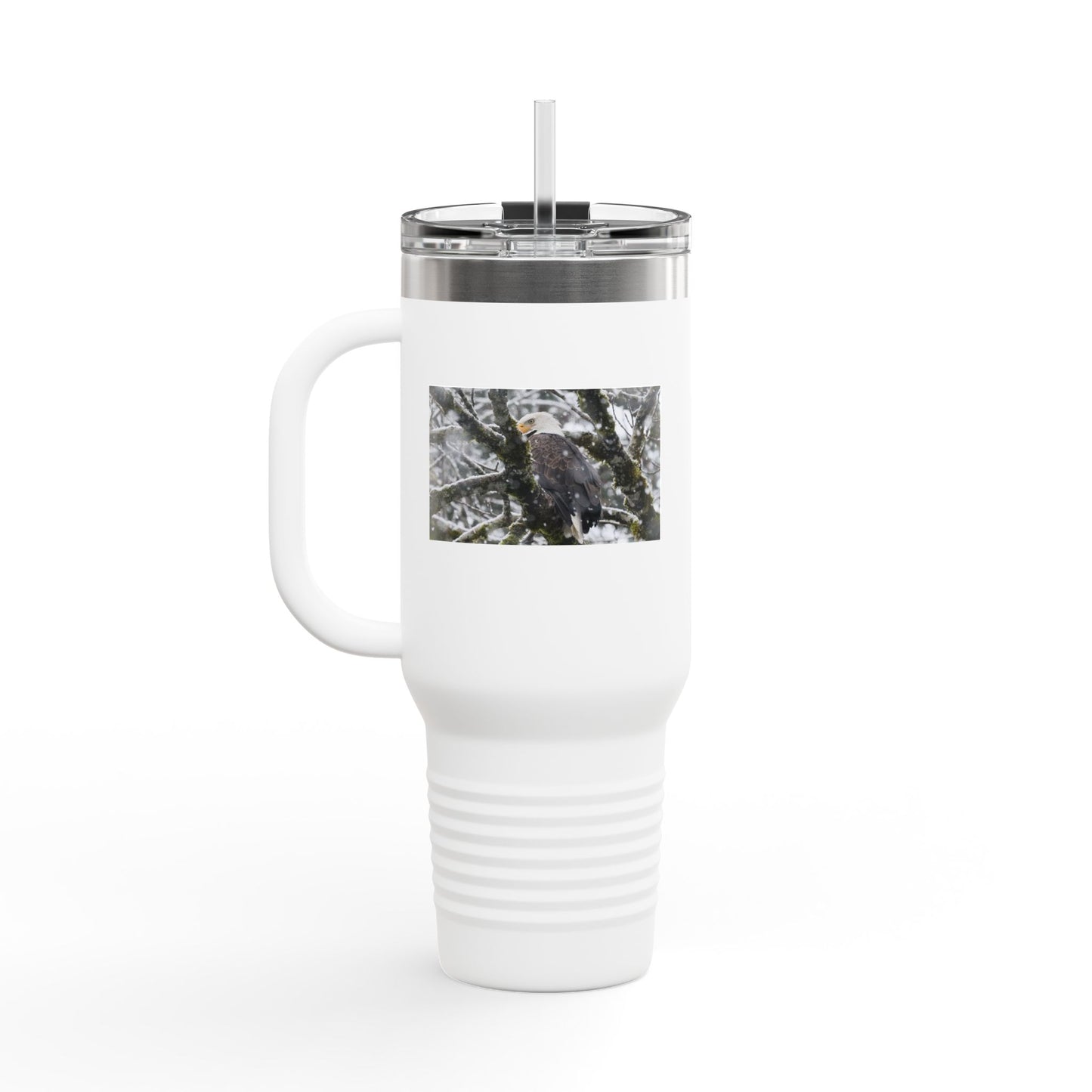 40oz Insulated Travel Mug with Snowy Owl Photo — Cold-Weather Wildlife Tumbler