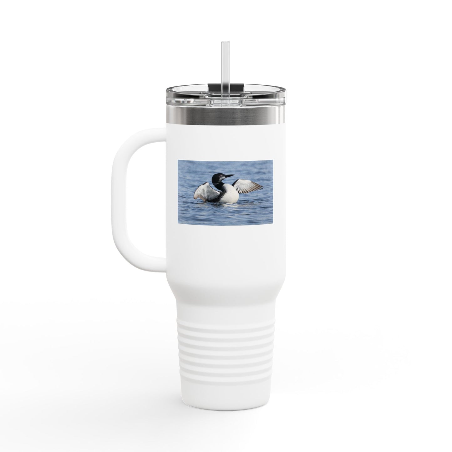 40oz Insulated Travel Mug with Loon Photo – Large Handle, Cold/Hot Beverage Tumbler