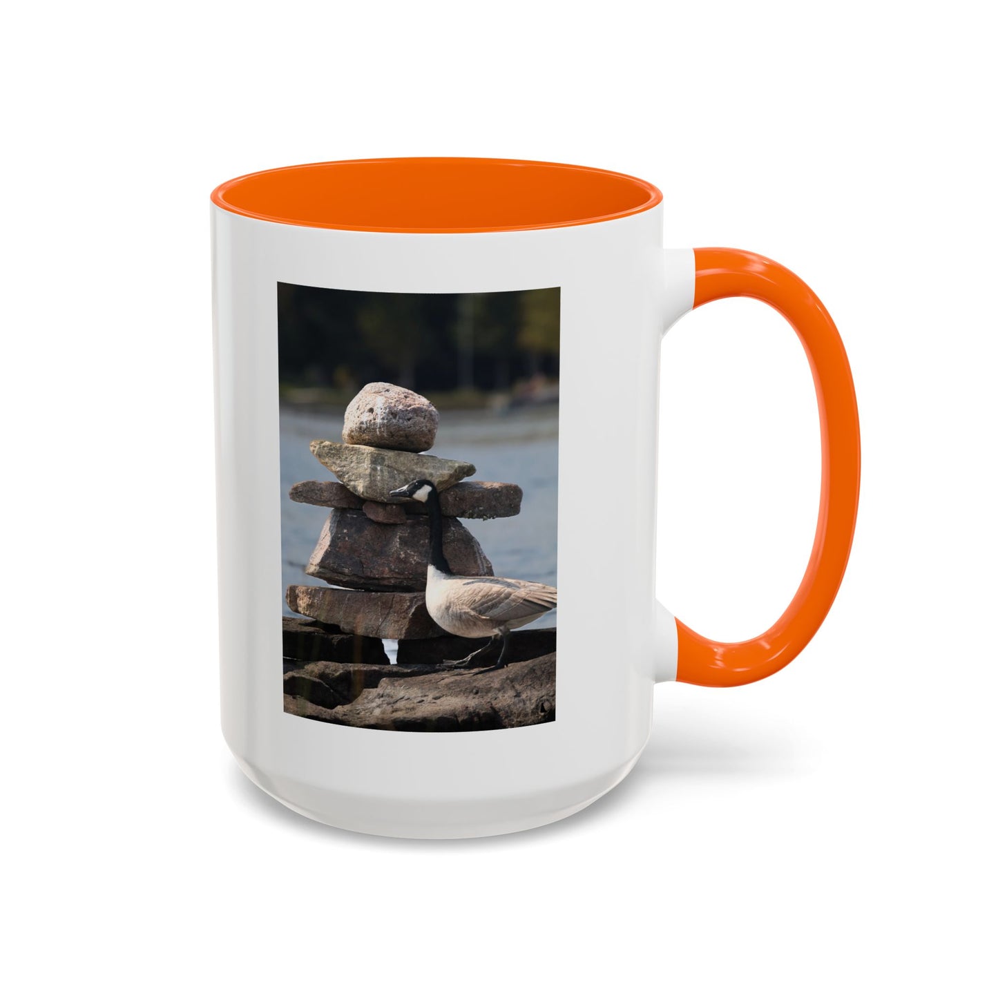 Seaside Rock Cairn Accent Coffee Mug — Coastal Bird & Stacked Stones Photo (11/15oz)