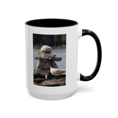 Seaside Rock Cairn Accent Coffee Mug — Coastal Bird & Stacked Stones Photo (11/15oz)