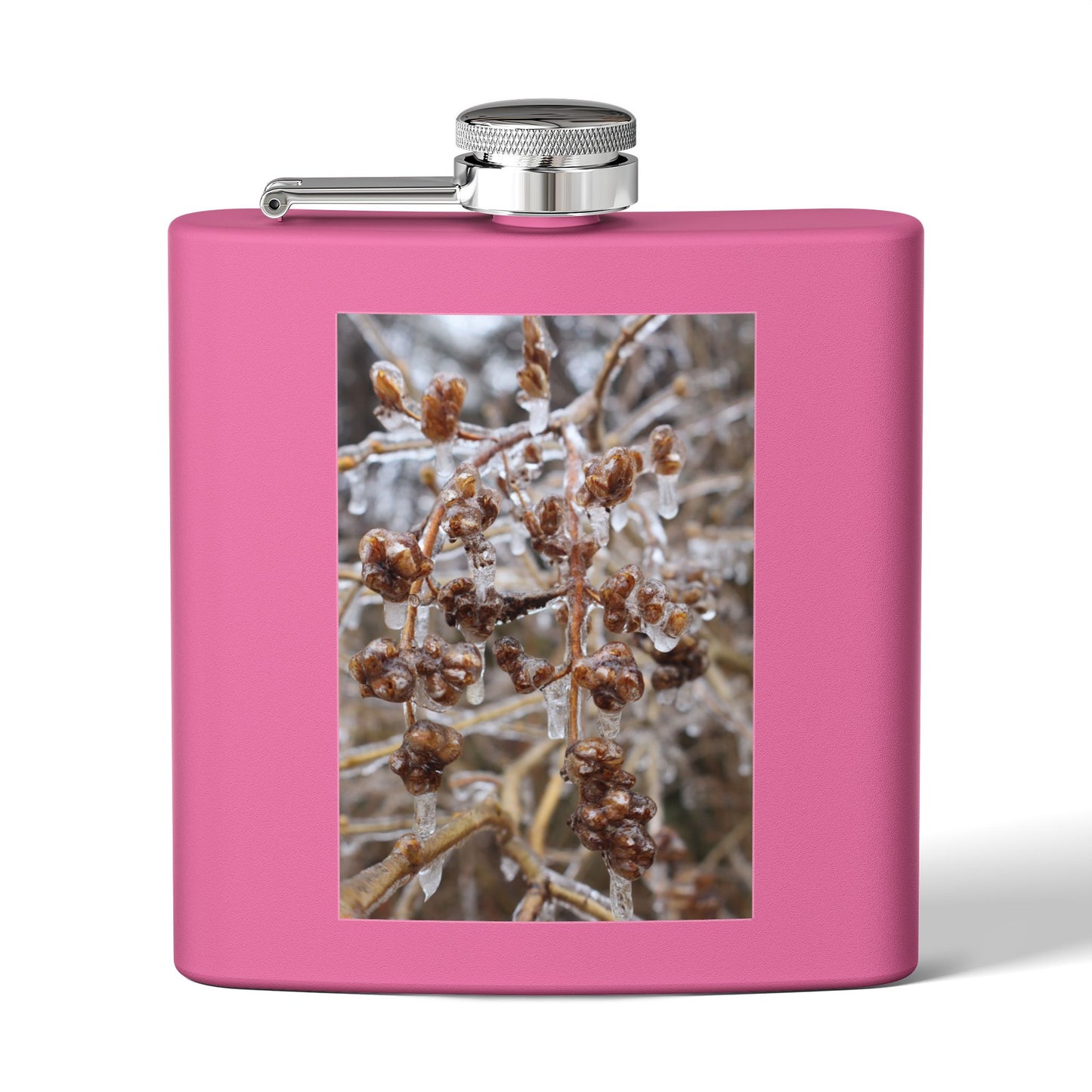 6oz Stainless Steel Flask with Frosted Berries Photo — Winter Nature Pocket Flask