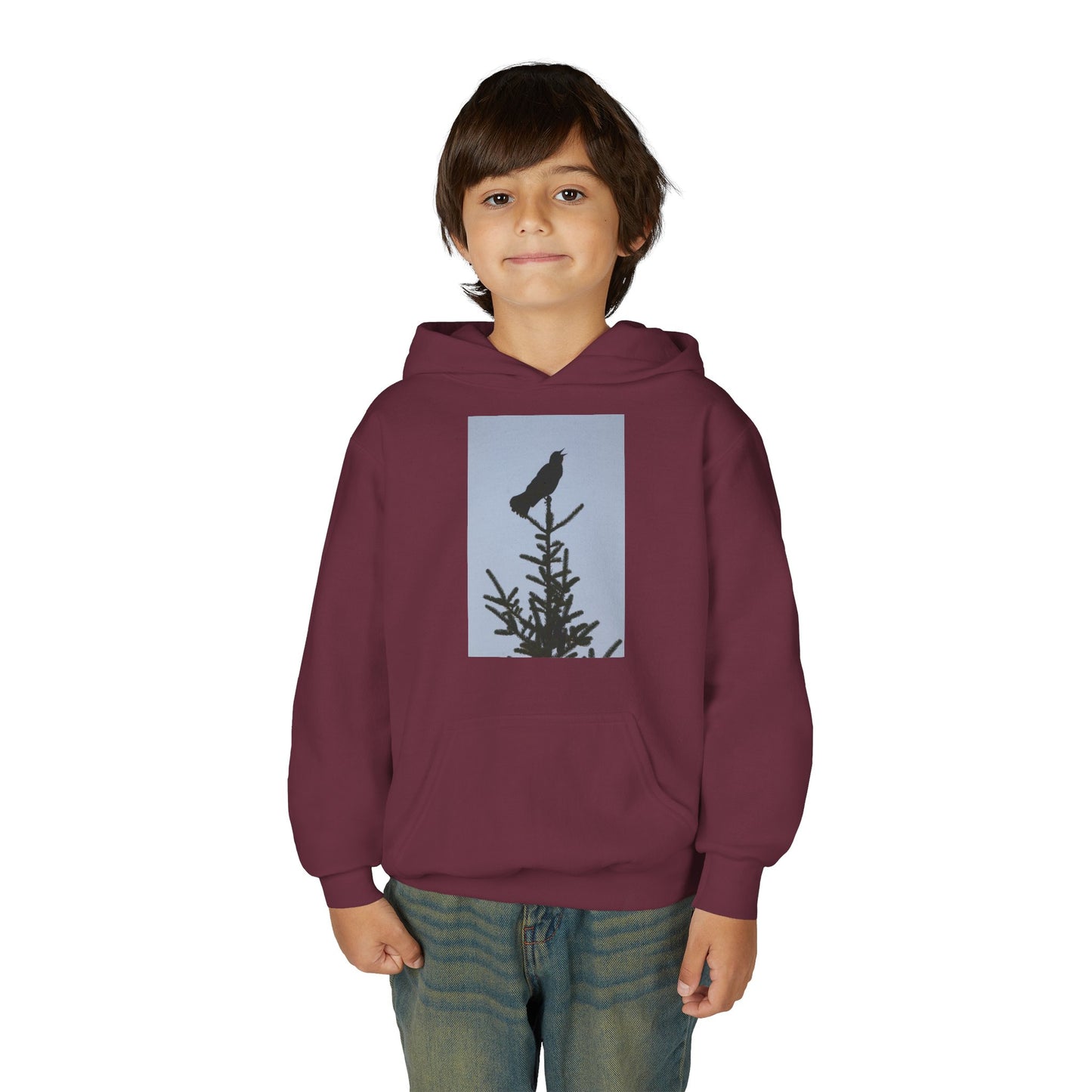 Youth Hoodie with Raven Silhouette on Pine — Cozy Nature Kids Sweatshirt