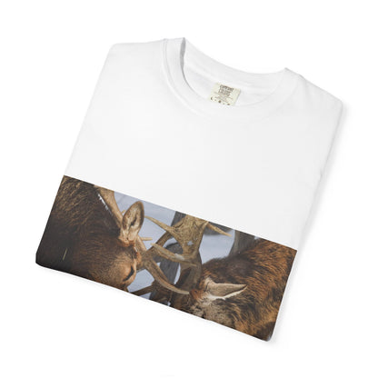 Antler Clash: Winter Wildlife Encounter, Dramatic Nature Photographyphotography shirts