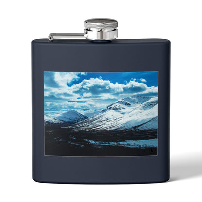 Mountain Winter Scene 6oz Stainless Steel Flask — Snowy Peaks Travel Hip Flask