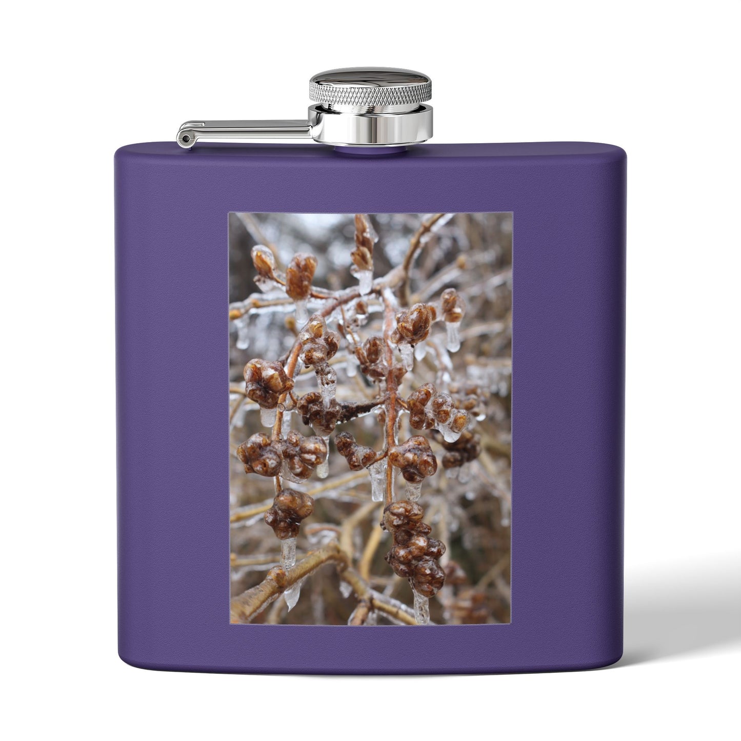 6oz Stainless Steel Flask with Frosted Berries Photo — Winter Nature Pocket Flask