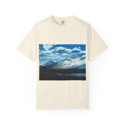 Alpine Majesty: Winter Mountain Panorama, Pristine Snow-Capped Peaks, Wilderness Landscapephotography shirts