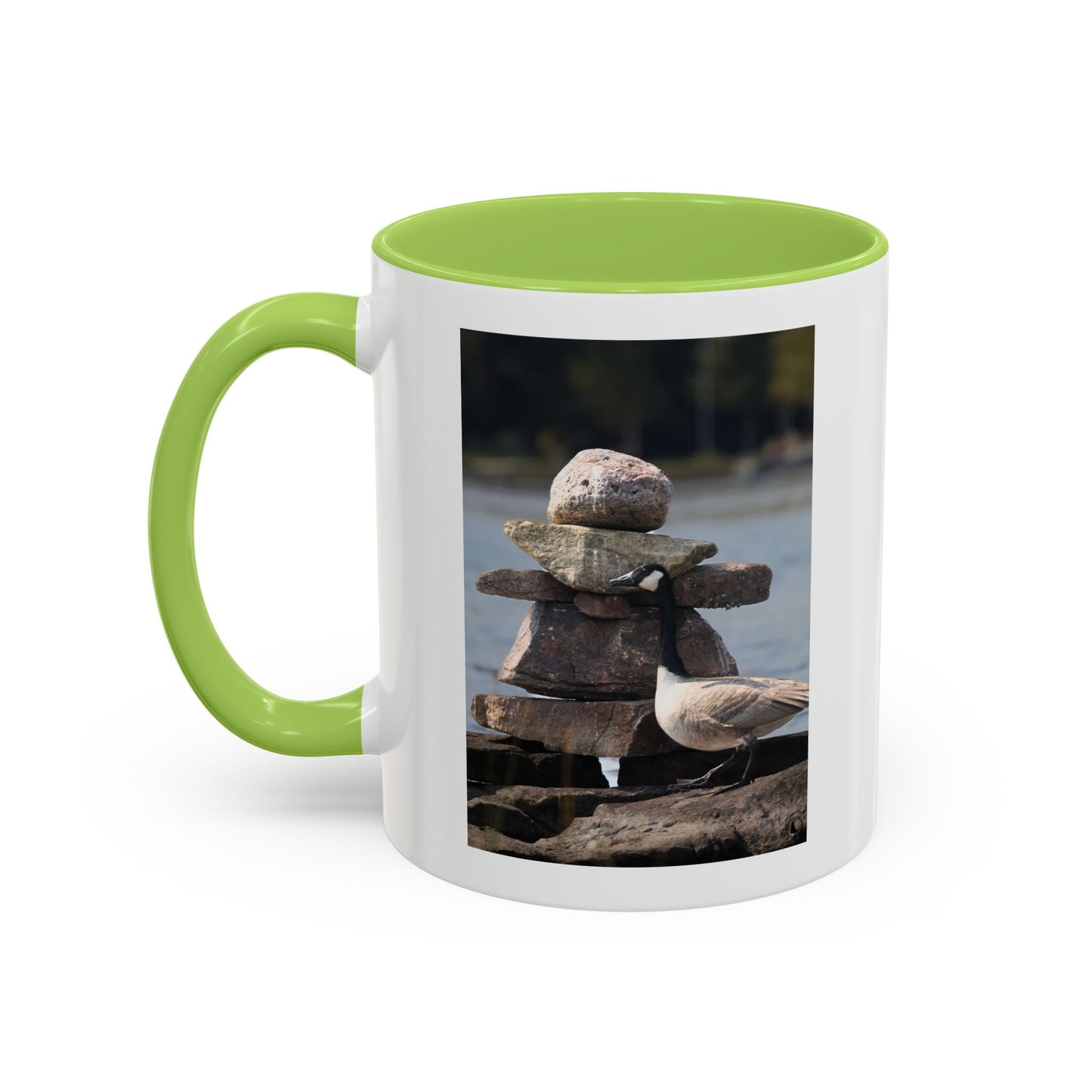 Seaside Rock Cairn Accent Coffee Mug — Coastal Bird & Stacked Stones Photo (11/15oz)