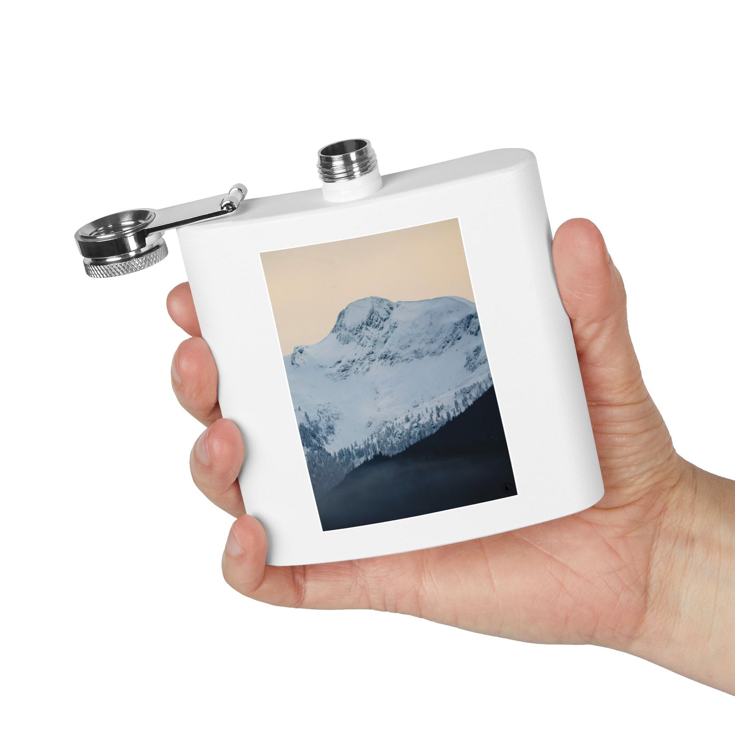 Mountain Peak 6oz Stainless Steel Flask — Snowy Summit Photo Design