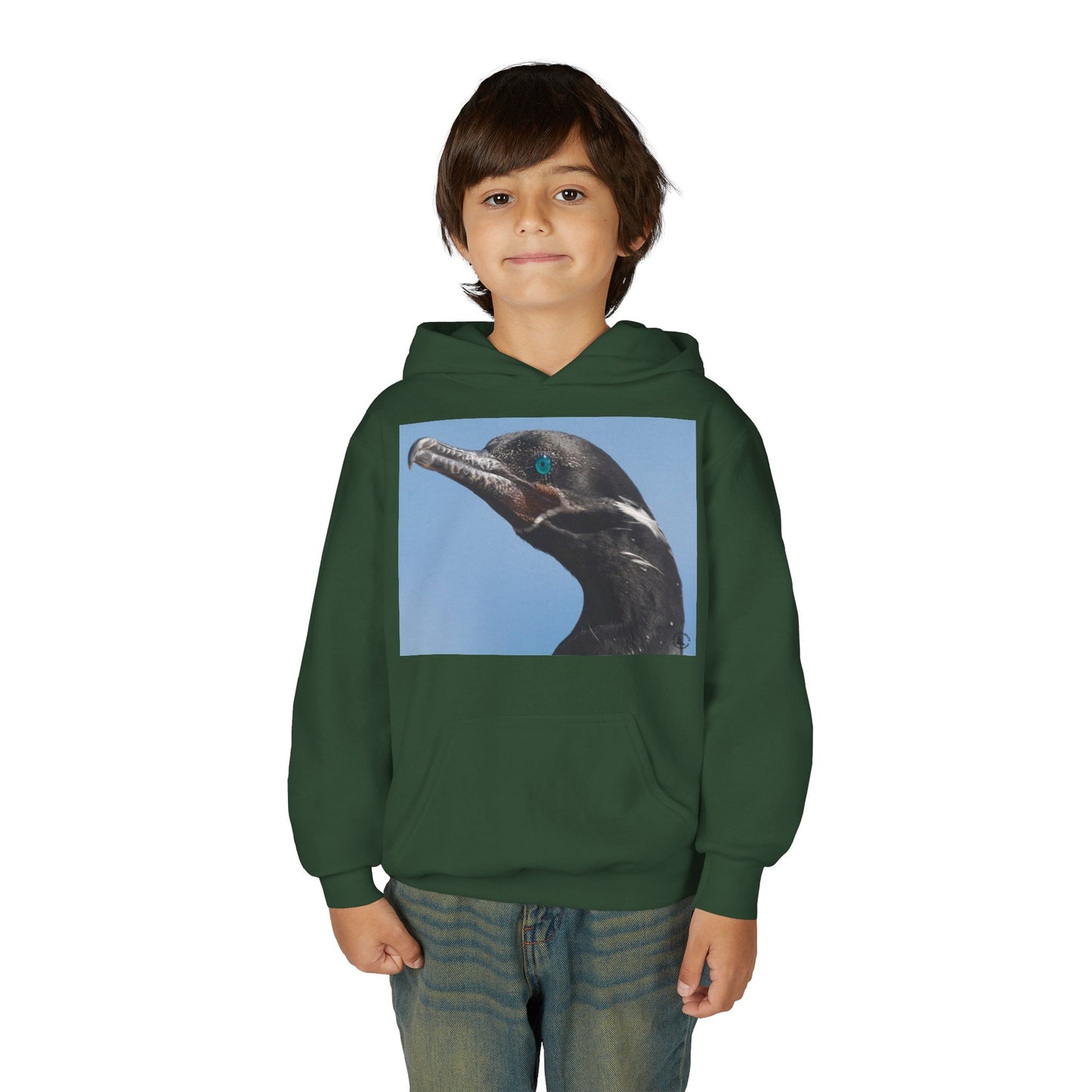 Youth Hoodie with Close-Up Cormorant Photo — Nature-Lover Kids Pullover