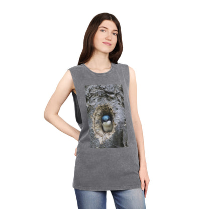 Bird Nest Photo Tank Top — Stonewash Sleeveless Tee with Chick in Hollow Tree
